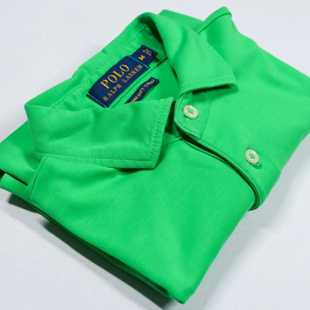 Polo Ralph Lauren Polo Shirt Mens Medium Green Pima Soft Touch Orange Pony Logo